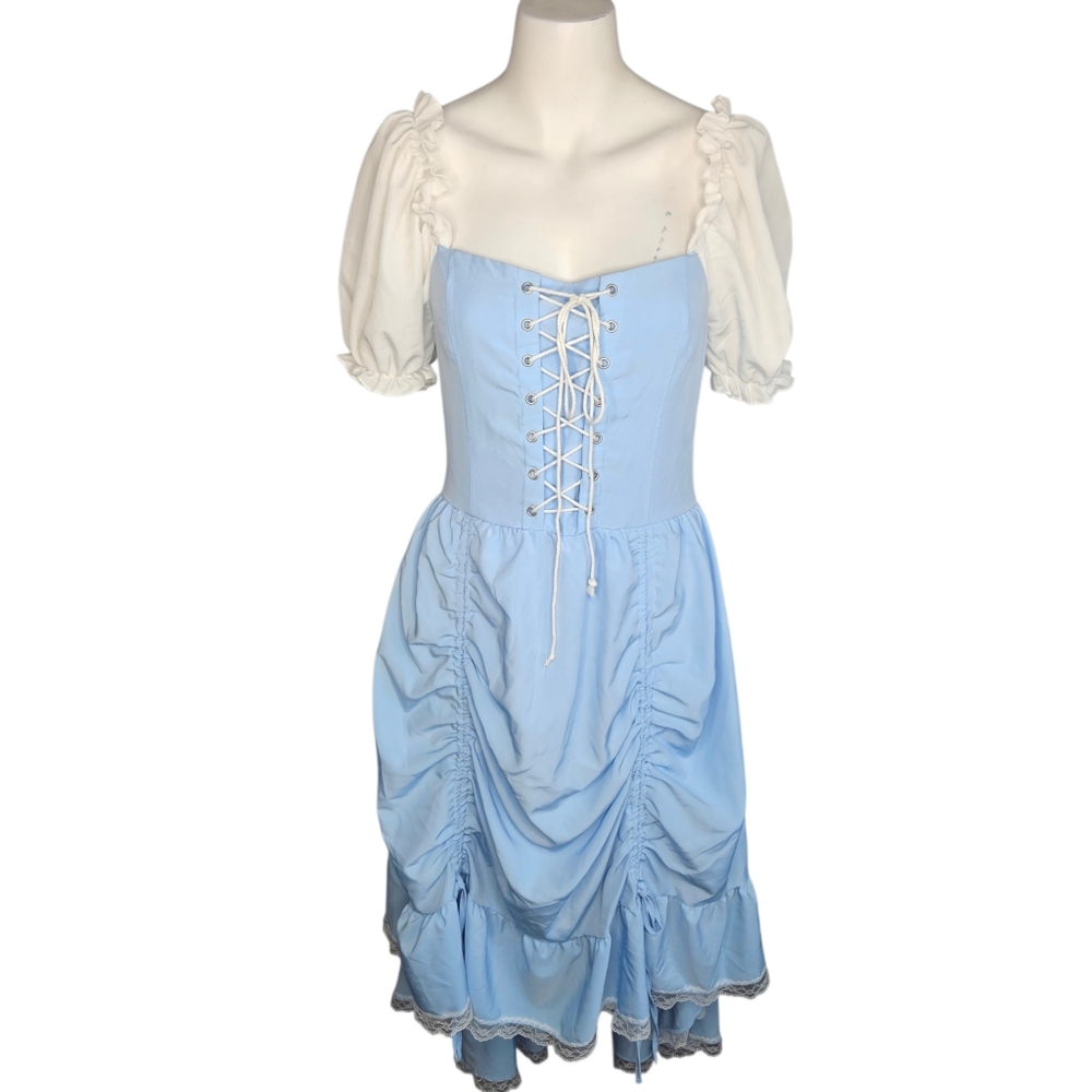 Womens Renfair Milkmaid‎ Peasant Puff Sleeve Blue White Dress Sz S/M